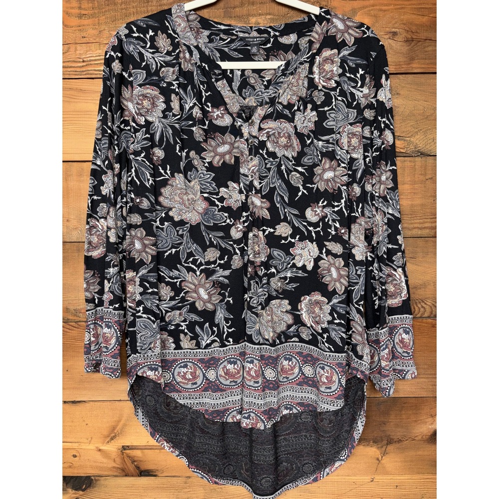 Lucky Brand Floral Blouse Womens Large Paisley Lace Trim Hi Low Peasant Top